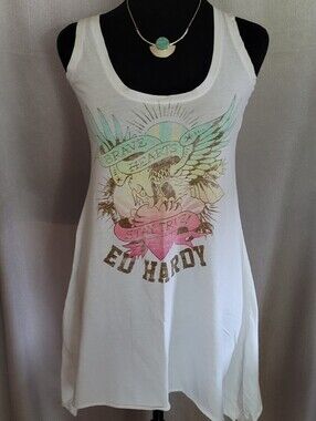 Ed Hardy White Tank Top with Pastel Mint & Pink Graphic